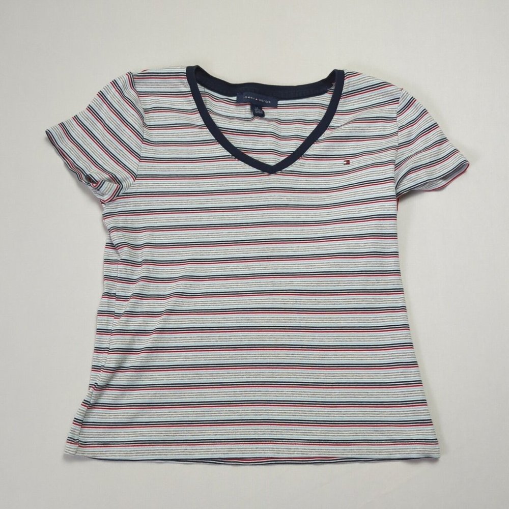 Tommy Hilfiger Womens Large L Multicolor Striped V Neck T Shirt Casual Flag